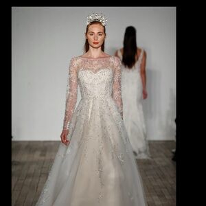 Embellished Long-Sleeve Illusion Neck Bridal Gown - Ivory